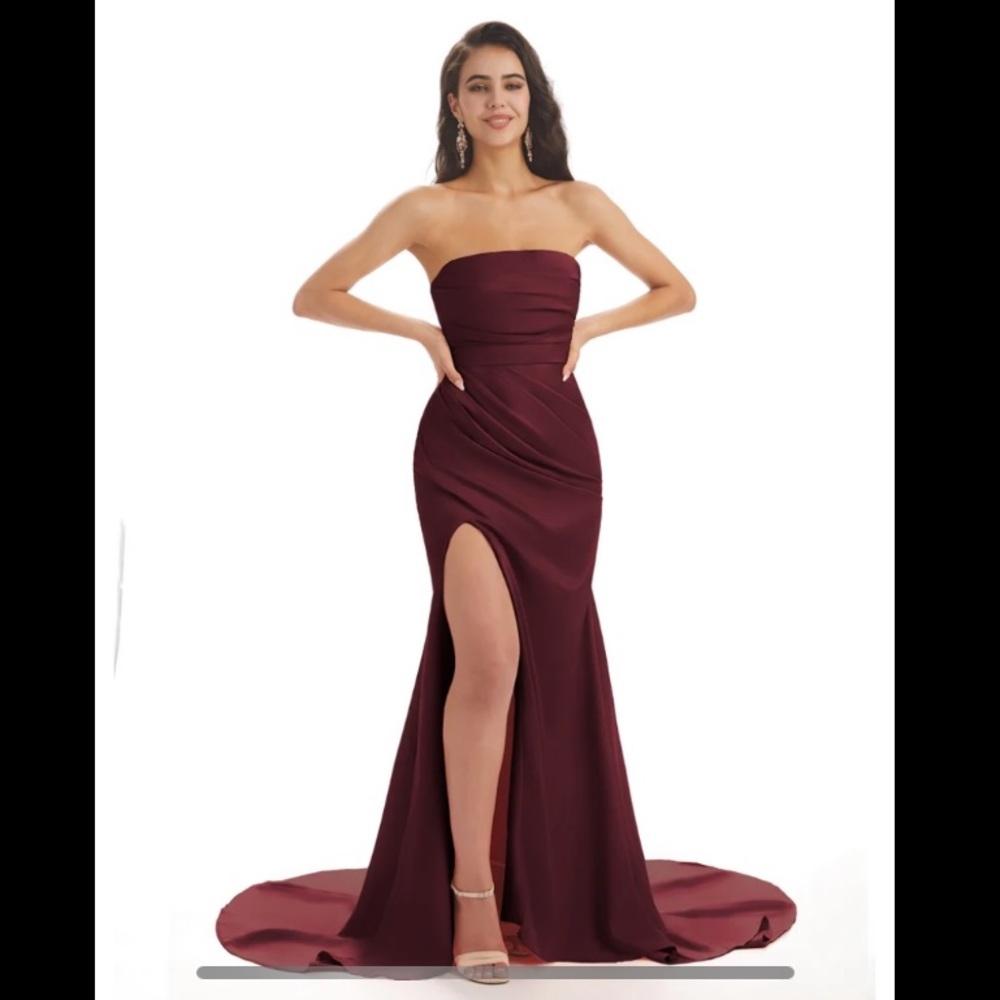 Strapless burgundy bridesmaid dress.